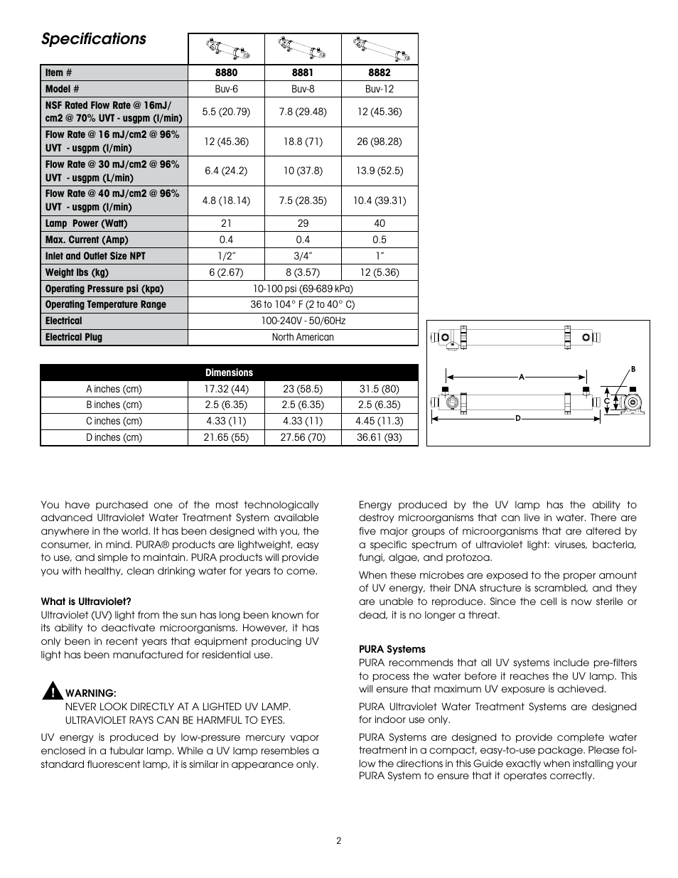 Specifications | Hydrotech PURA ABuv 6_8_12 User Manual | Page 2 / 12