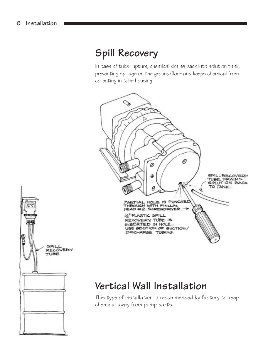 Spill recovery, Vertical wall installation | Hydrotech Classic Series Stenner Basic Service Manual User Manual | Page 7 / 48
