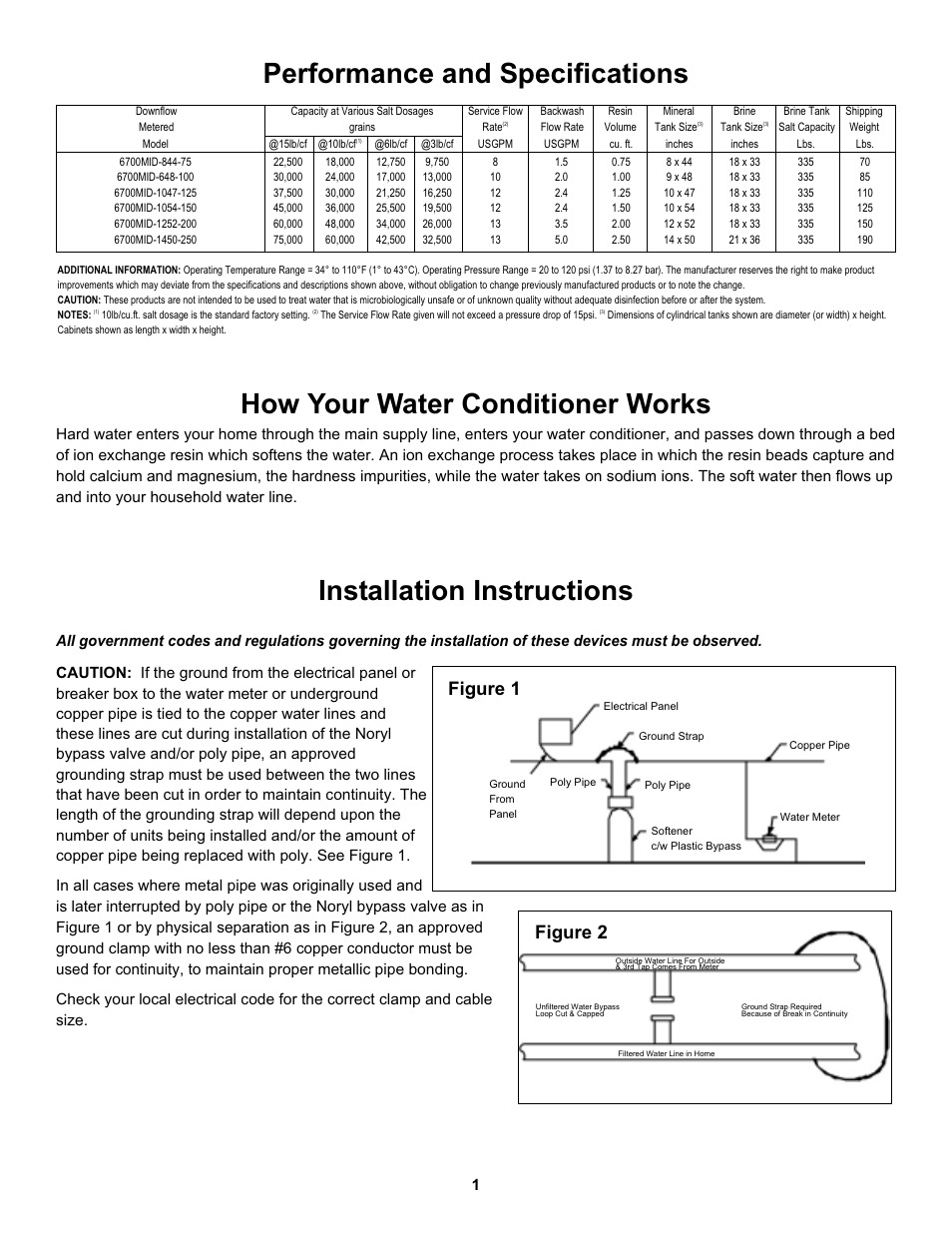 Performance and specifications, How your water conditioner works, Installation instructions | Figure 2, Figure 1 | Hydrotech 6700 Valve Downflow Automatic Water Softeners Operation Manual User Manual | Page 2 / 9