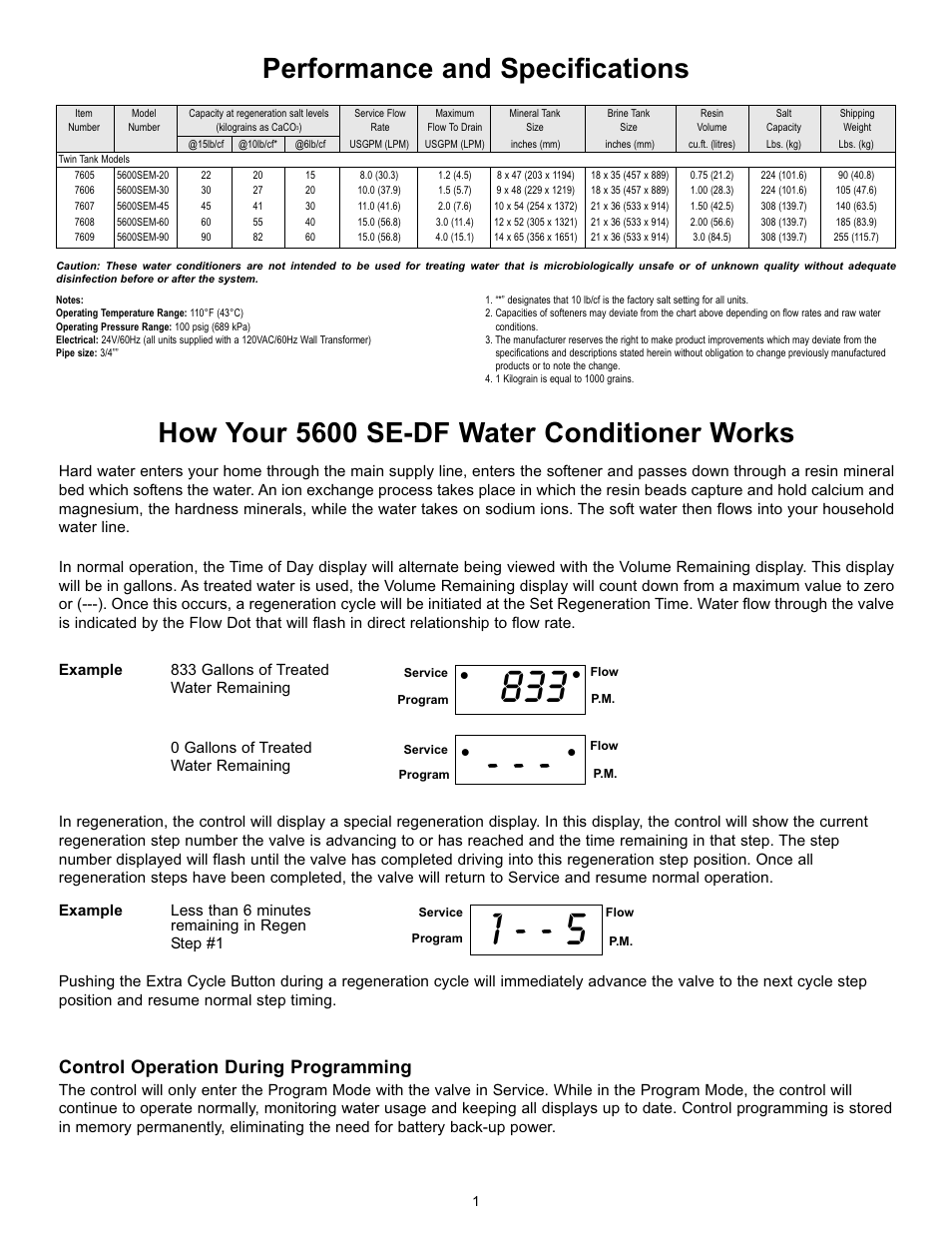 How your 5600 se-df water conditioner works, Performance and specifications, Control operation during programming | Hydrotech 5600 SE Valve Water Softener Operation Manual User Manual | Page 2 / 12