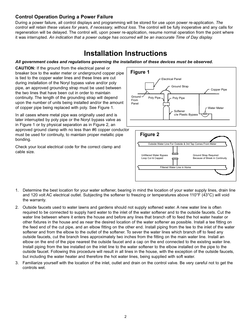 Installation instructions, Control operation during a power failure, Figure 2 figure 1 | Hydrotech 5600 SE Valve Water Softener Operation Manual User Manual | Page 3 / 12