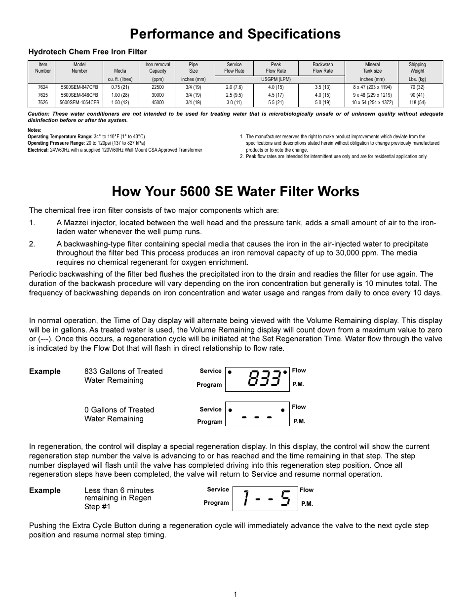 How your 5600 se water filter works, Performance and specifications | Hydrotech 5600 SE Valve Chem Free Iron Filter Operation Manual User Manual | Page 3 / 16