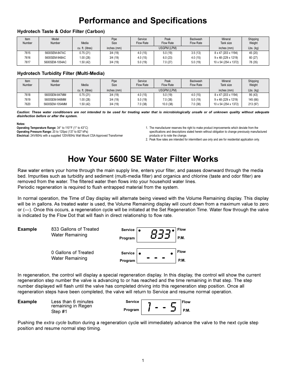 How your 5600 se water filter works, Performance and specifications | Hydrotech 5600 SE Valve Carbon & Multi-Media Filter Operation Manual User Manual | Page 3 / 12