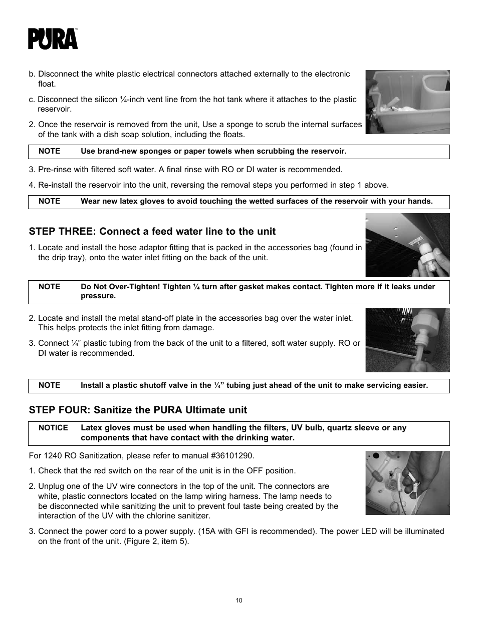 Step three: connect a feed water line to the unit, Step four: sanitize the pura ultimate unit | Hydrotech PURA Ultimate 19-GU-PURA Operation Manual User Manual | Page 10 / 32