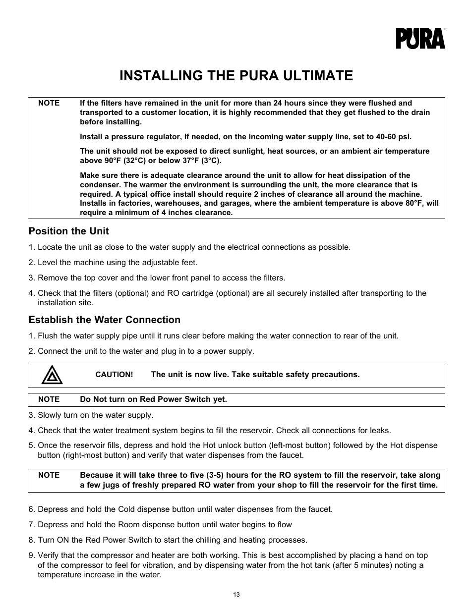 Installing the pura ultimate, Position the unit, Establish the water connection | Hydrotech PURA Ultimate 19-GU-PURA Operation Manual User Manual | Page 13 / 32