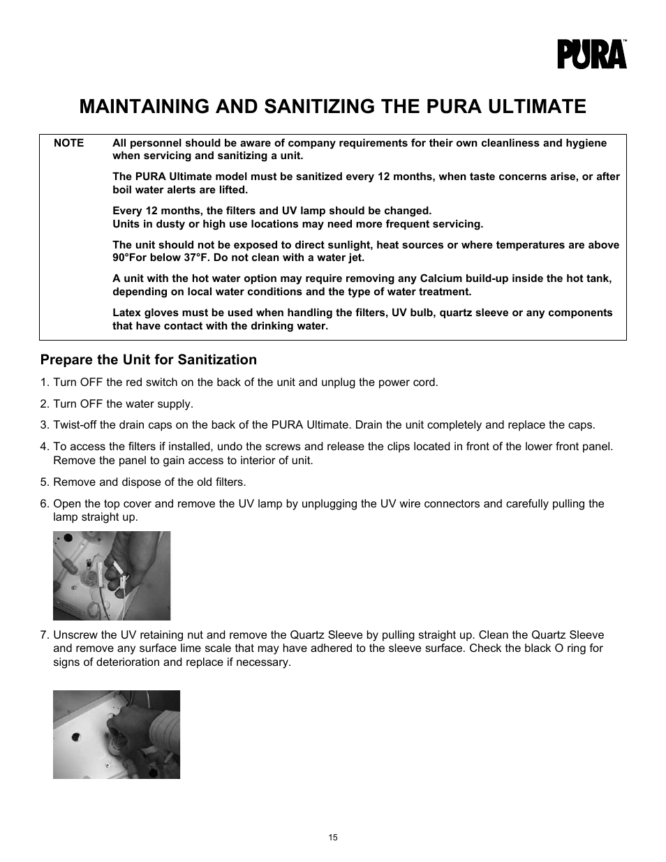Maintaining and sanitizing the pura ultimate, Prepare the unit for sanitization | Hydrotech PURA Ultimate 19-GU-PURA Operation Manual User Manual | Page 15 / 32