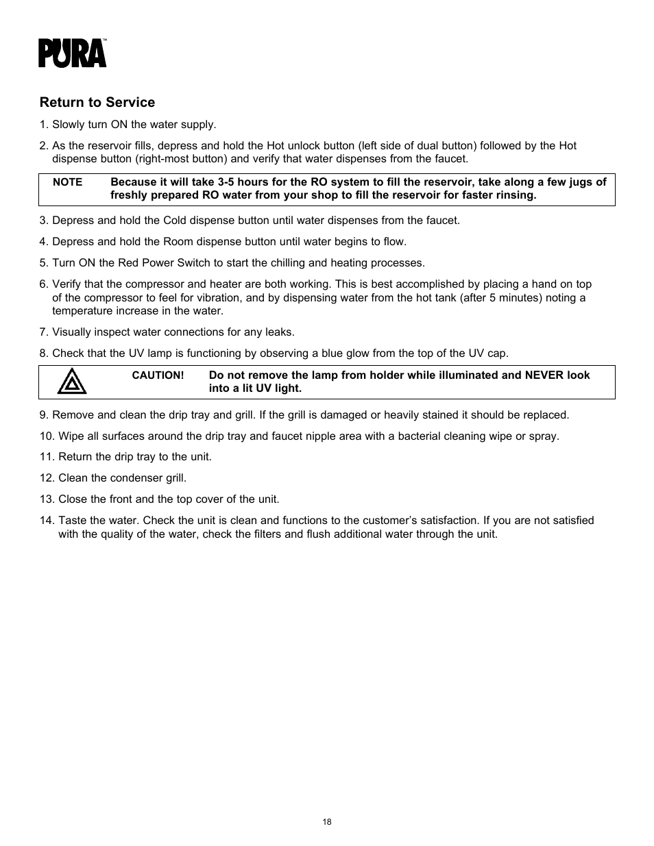 Return to service | Hydrotech PURA Ultimate 19-GU-PURA Operation Manual User Manual | Page 18 / 32