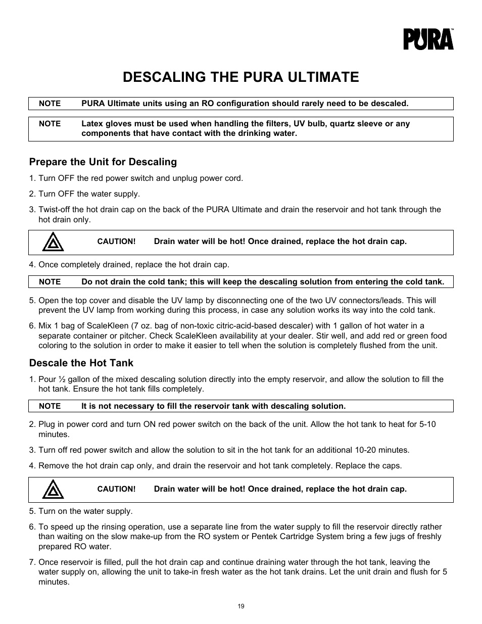 Descaling the pura ultimate, Prepare the unit for descaling, Descale the hot tank | Hydrotech PURA Ultimate 19-GU-PURA Operation Manual User Manual | Page 19 / 32