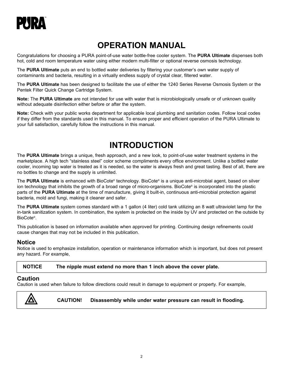 Operation manual, Introduction, Notice | Caution | Hydrotech PURA Ultimate 19-GU-PURA Operation Manual User Manual | Page 2 / 32