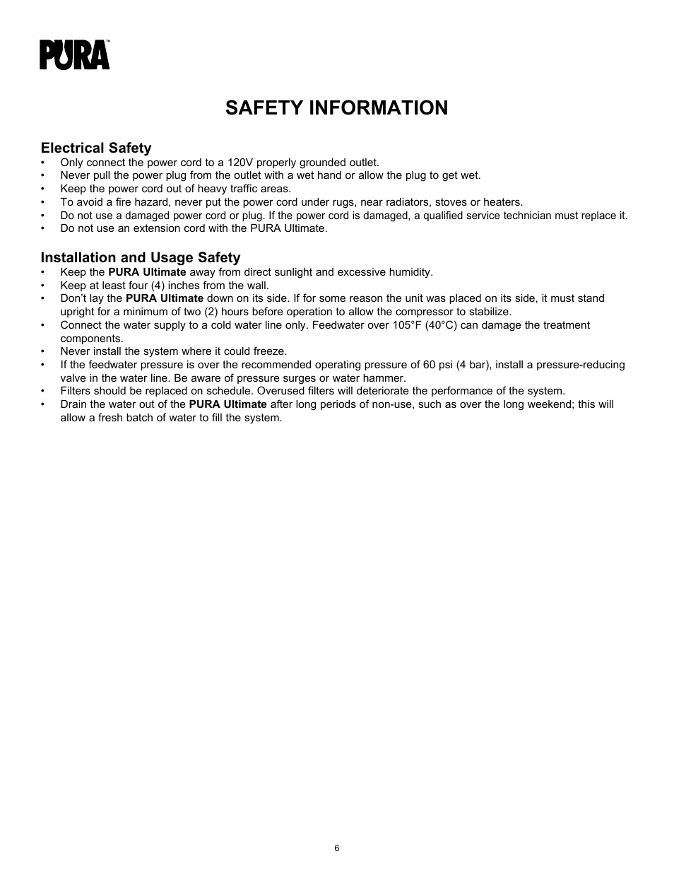 Safety information, Electrical safety, Installation and usage safety | Hydrotech PURA Ultimate 19-GU-PURA Operation Manual User Manual | Page 6 / 32