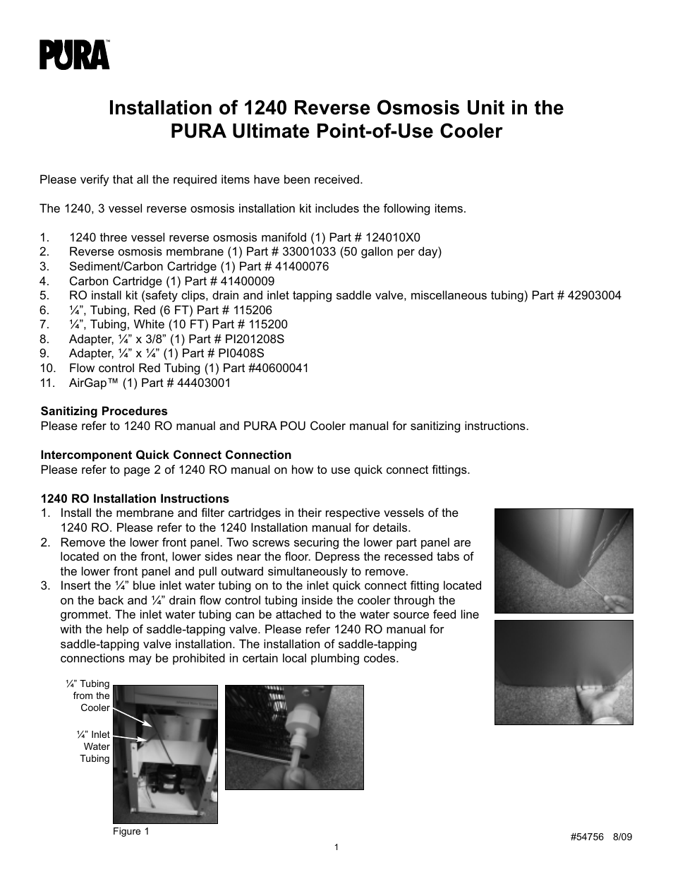 Hydrotech PURA Ultimate Point-of-Use Cooler 1240 Reverse Osmosis Unit Installation Manual User Manual | 4 pages