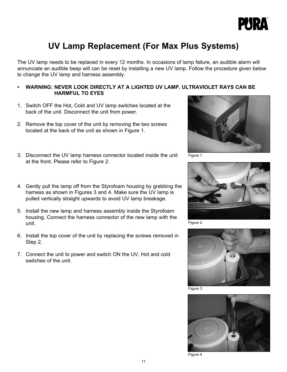 Uv lamp replacement (for max plus systems) | Hydrotech PURA Max and Max Plus 15-LBGH2-PURA, 15-LBGH2-UV-PURA Operation Manual User Manual | Page 11 / 14