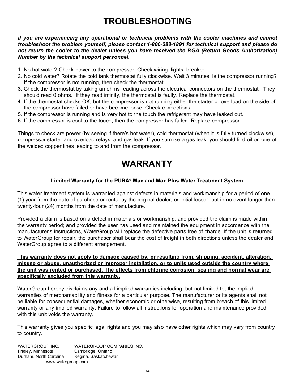 Troubleshooting, Warranty | Hydrotech PURA Max and Max Plus 15-LBGH2-PURA, 15-LBGH2-UV-PURA Operation Manual User Manual | Page 14 / 14