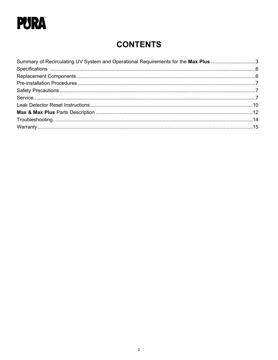 Hydrotech PURA Max and Max Plus 15-LBGH2-PURA, 15-LBGH2-UV-PURA Operation Manual User Manual | Page 2 / 14