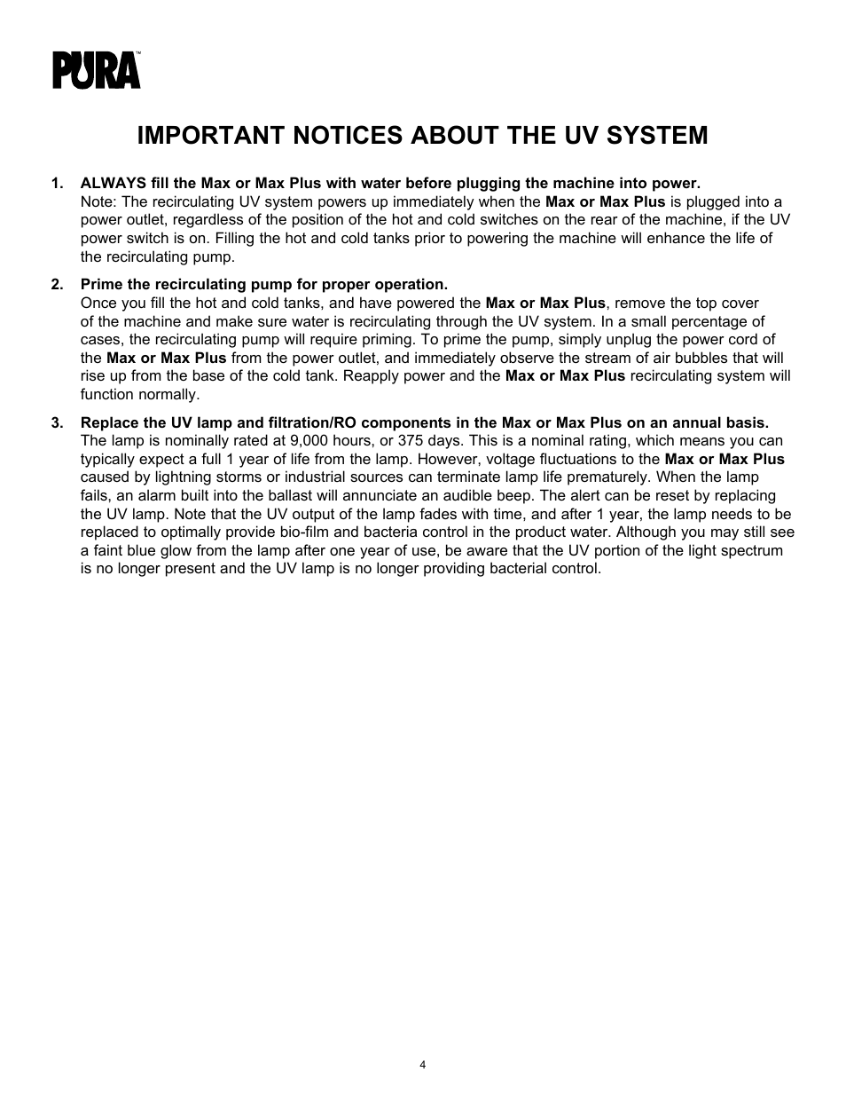 Important notices about the uv system | Hydrotech PURA Max and Max Plus 15-LBGH2-PURA, 15-LBGH2-UV-PURA Operation Manual User Manual | Page 4 / 14