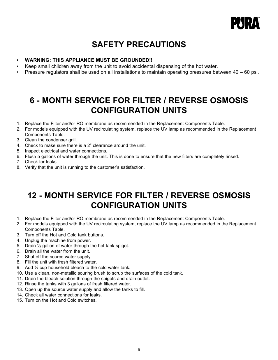 Safety precautions | Hydrotech PURA Max and Max Plus 15-LBGH2-PURA, 15-LBGH2-UV-PURA Operation Manual User Manual | Page 9 / 14