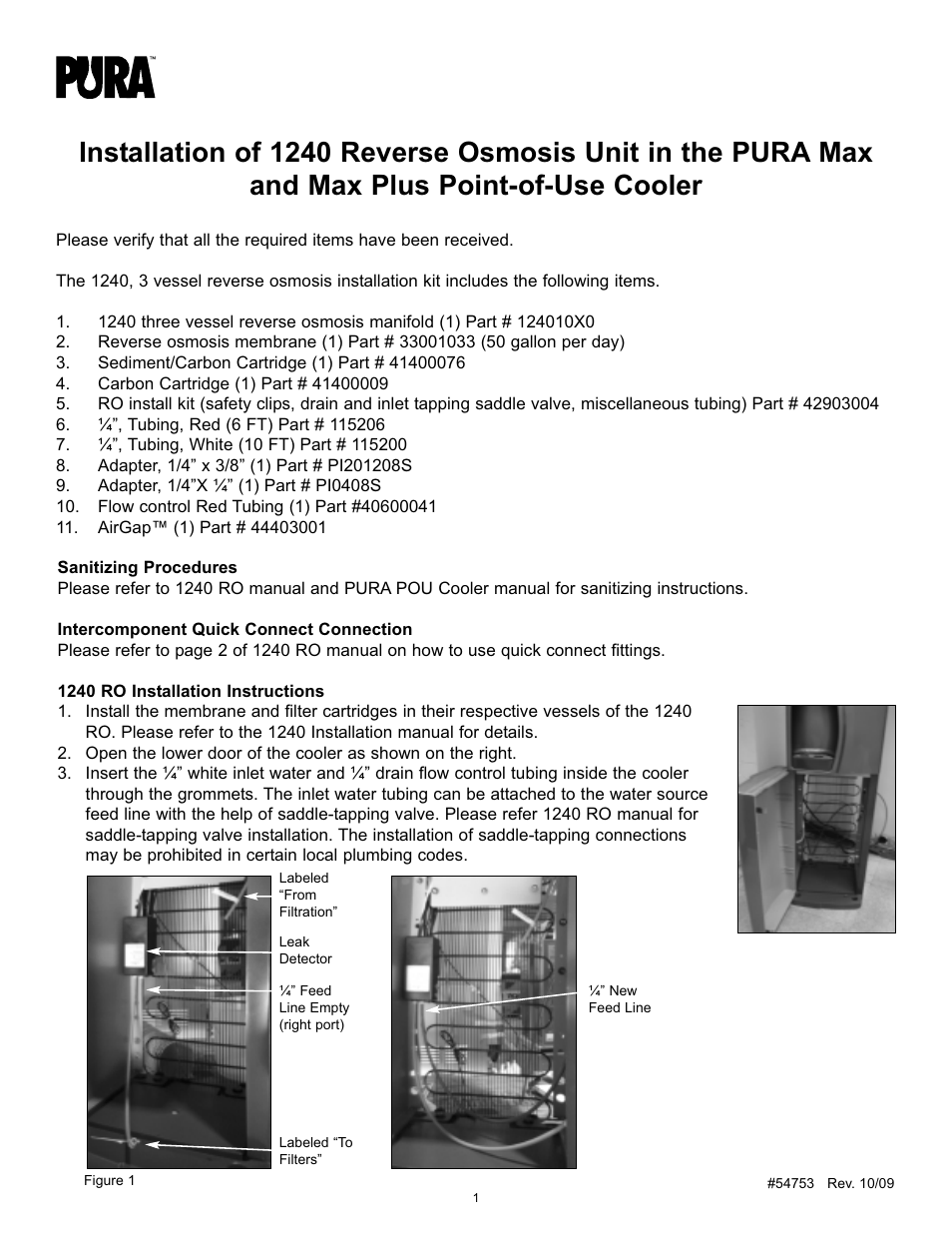 Hydrotech PURA Max and Max Plus Point-of-Use Cooler 1240 Reverse Osmosis Unit Installation Manual User Manual | 4 pages
