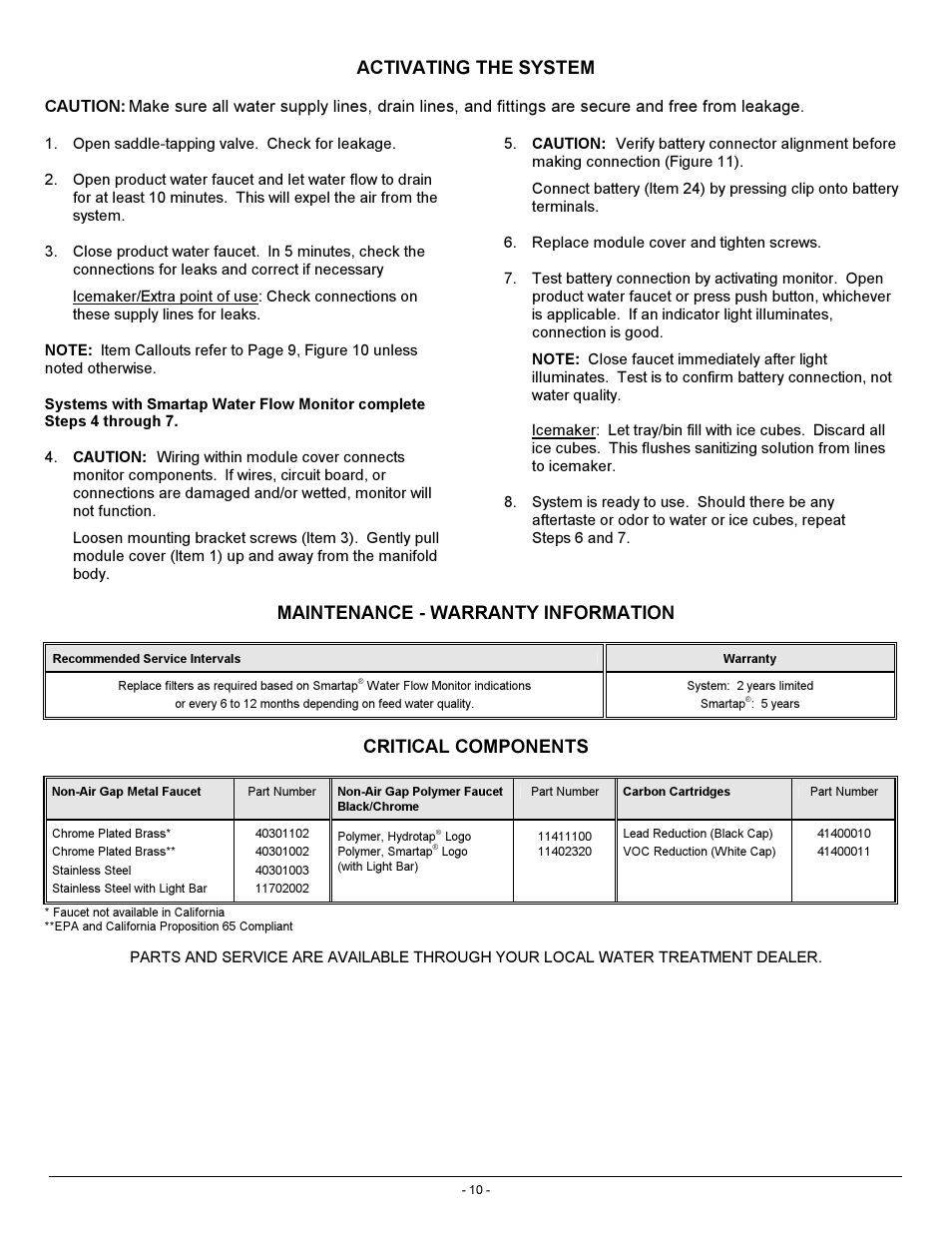 Activating the system, Maintenance - warranty information, Critical components | Hydrotech 104 Series ADVANCED MULTI STAGE WATER TREATMENT SYSTEM User Manual | Page 14 / 20