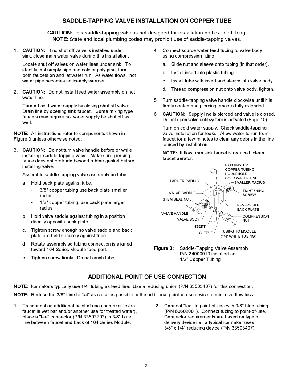 Saddle-tapping valve installation on copper tube, Additional point of use connection | Hydrotech 104 Series ADVANCED MULTI STAGE WATER TREATMENT SYSTEM User Manual | Page 6 / 20