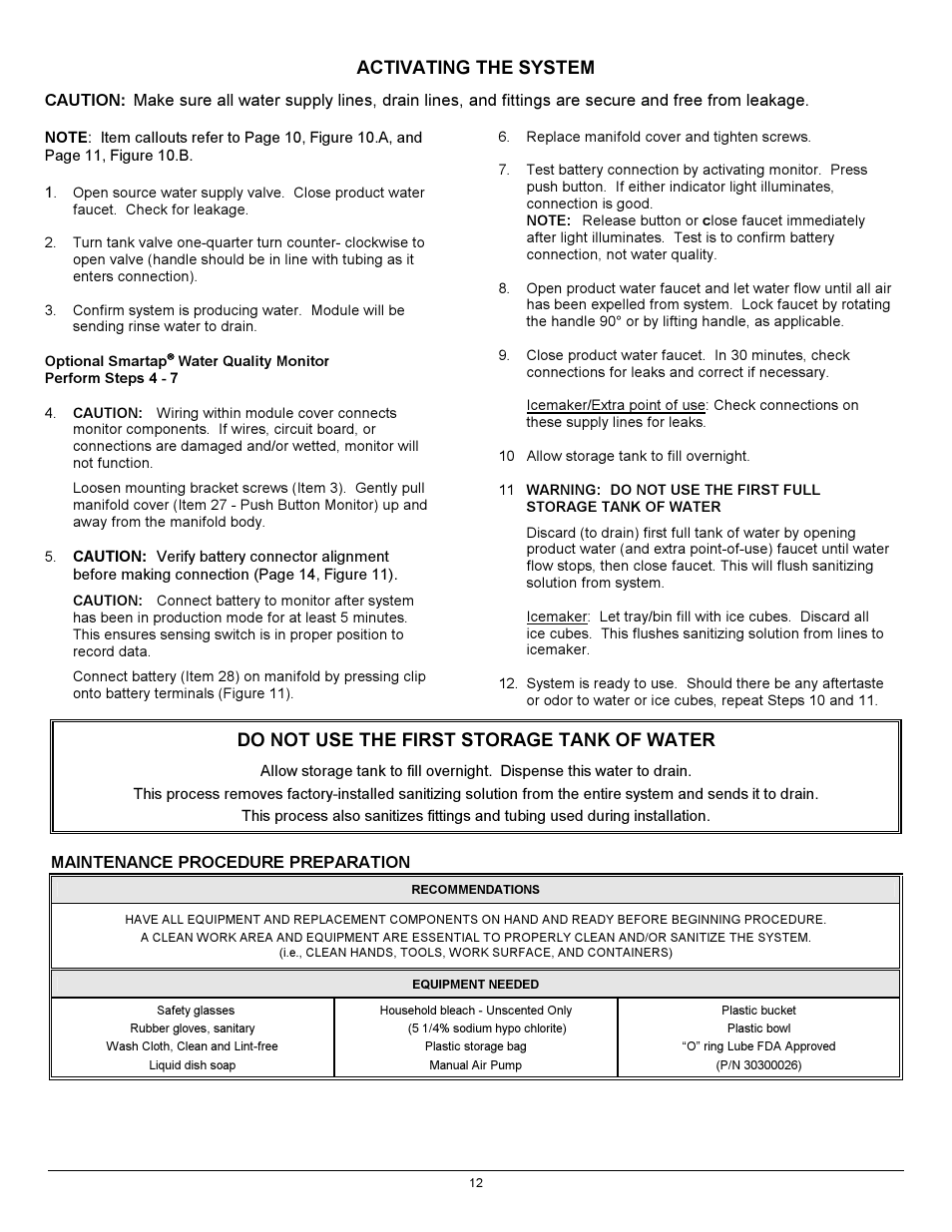 Activating the system, Do not use the first storage tank of water | Hydrotech 12301_12302_12303 Series ADVANCED REVERSE OSMOSIS WATER TREATMENT SYSTEMS User Manual | Page 16 / 20