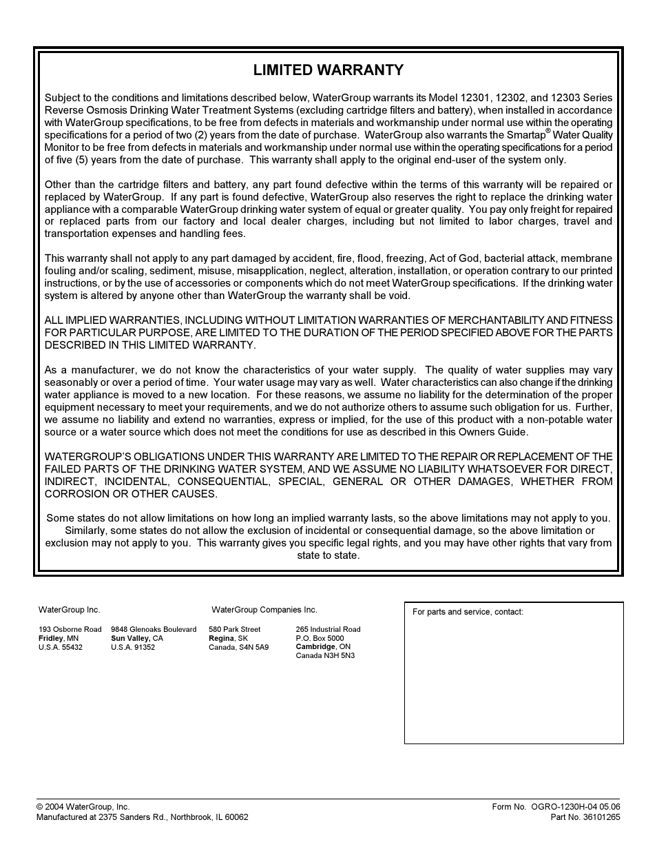 Limited warranty | Hydrotech 12301_12302_12303 Series ADVANCED REVERSE OSMOSIS WATER TREATMENT SYSTEMS User Manual | Page 20 / 20