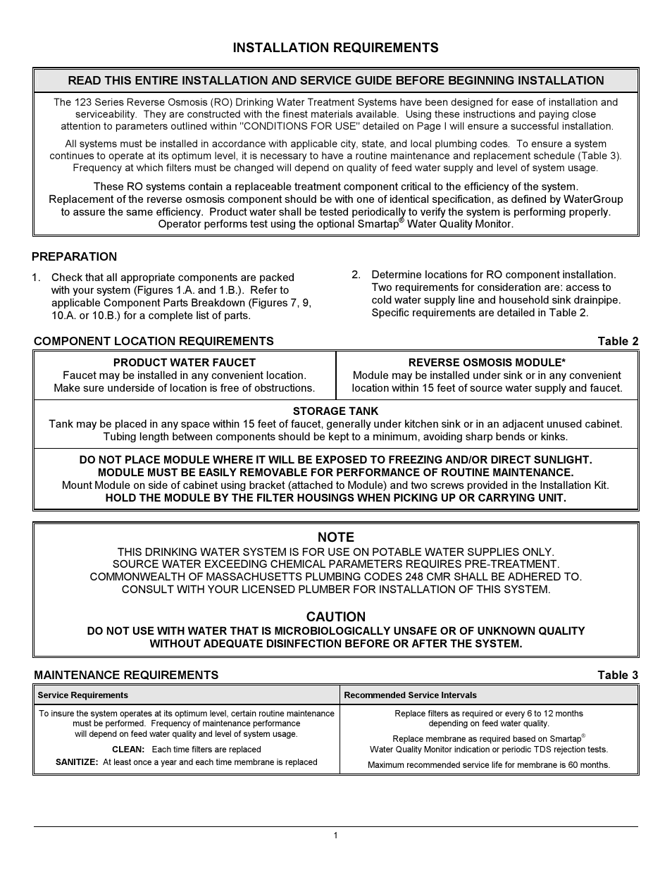 Installation requirements, Caution | Hydrotech 12301_12302_12303 Series ADVANCED REVERSE OSMOSIS WATER TREATMENT SYSTEMS User Manual | Page 5 / 20