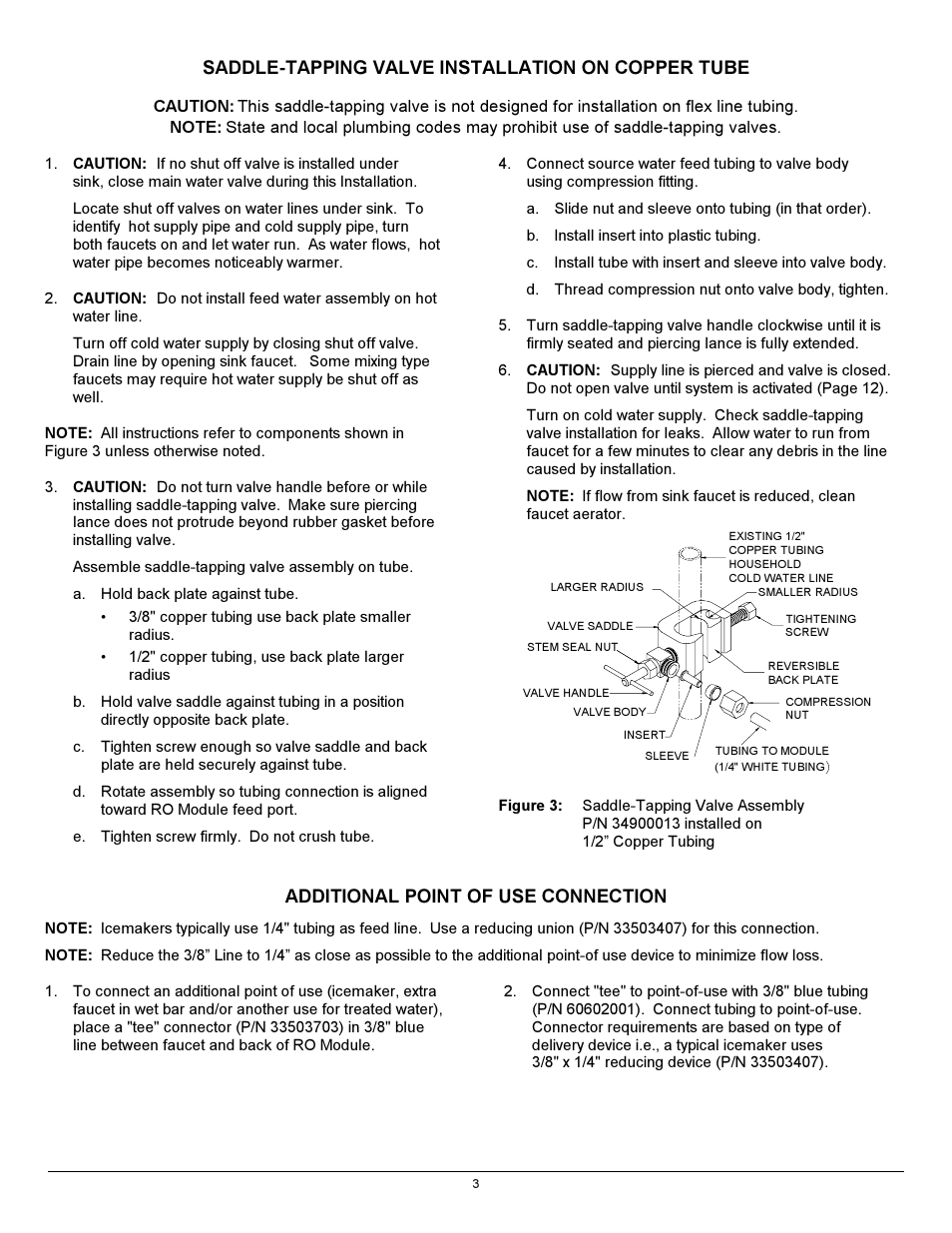 Saddle-tapping valve installation on copper tube, Additional point of use connection | Hydrotech 12301_12302_12303 Series ADVANCED REVERSE OSMOSIS WATER TREATMENT SYSTEMS User Manual | Page 7 / 20