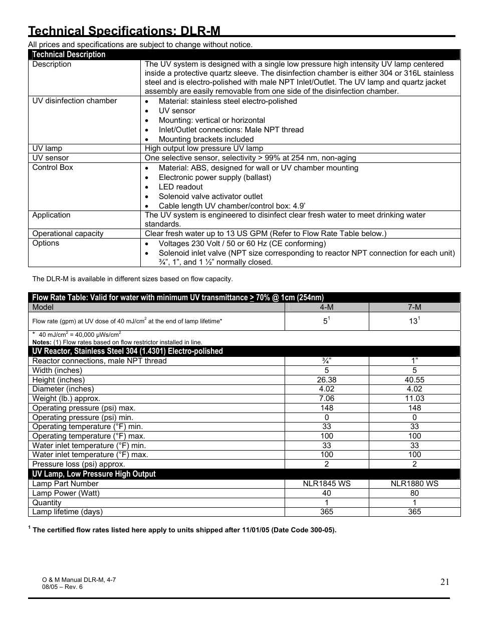 Technical specifications: dlr-m | Hydrotech DLR-4M_7M Ultraviolet Water Disinfection Unit User Manual | Page 21 / 23