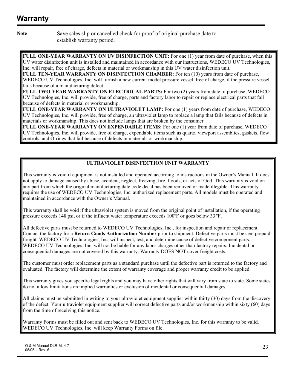 Warranty | Hydrotech DLR-4M_7M Ultraviolet Water Disinfection Unit User Manual | Page 23 / 23