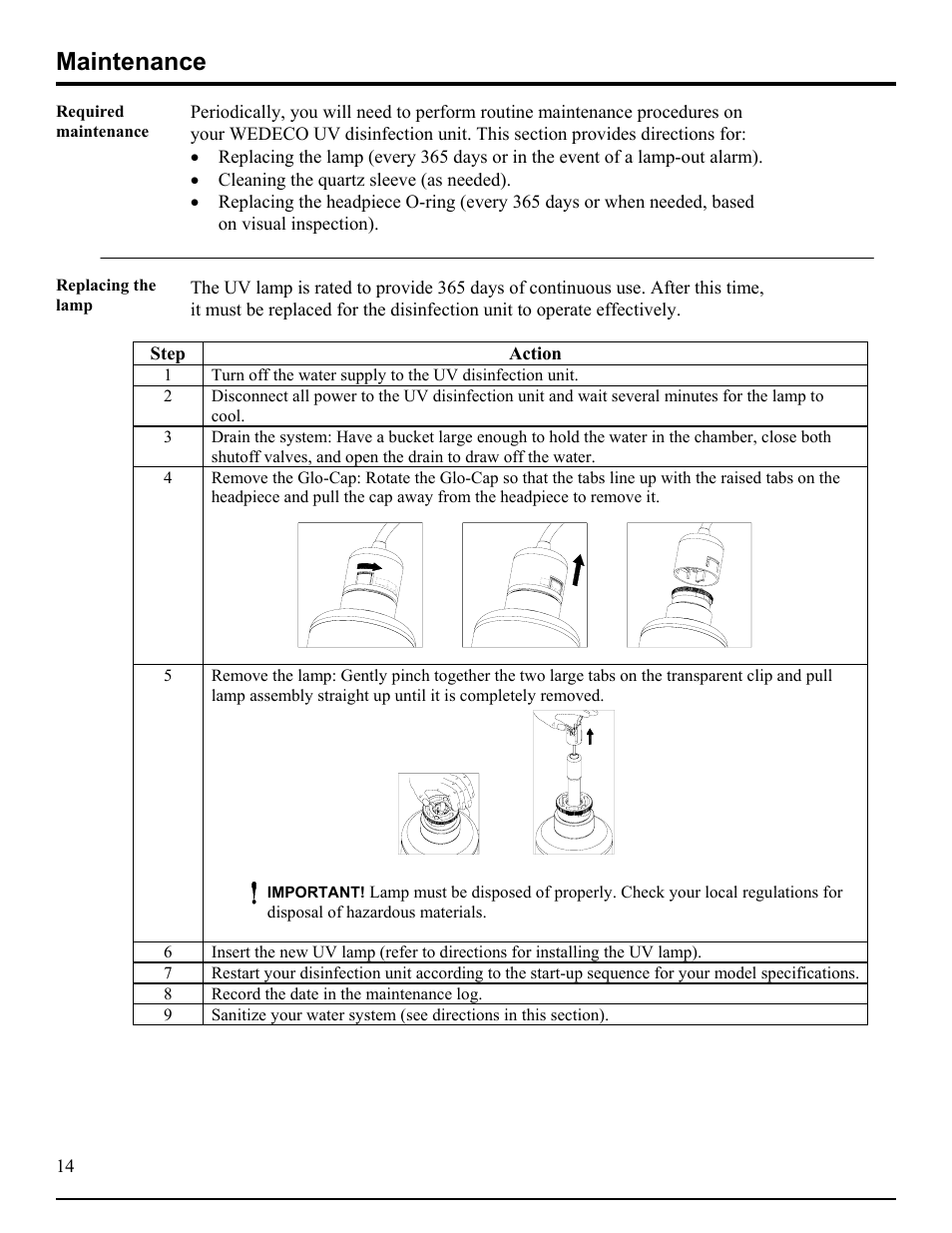 Maintenance, Required maintenance, Replacing the lamp | Maintenance -15 | Hydrotech DLR-AP Ultraviolet Water Disinfection Unit User Manual | Page 14 / 23