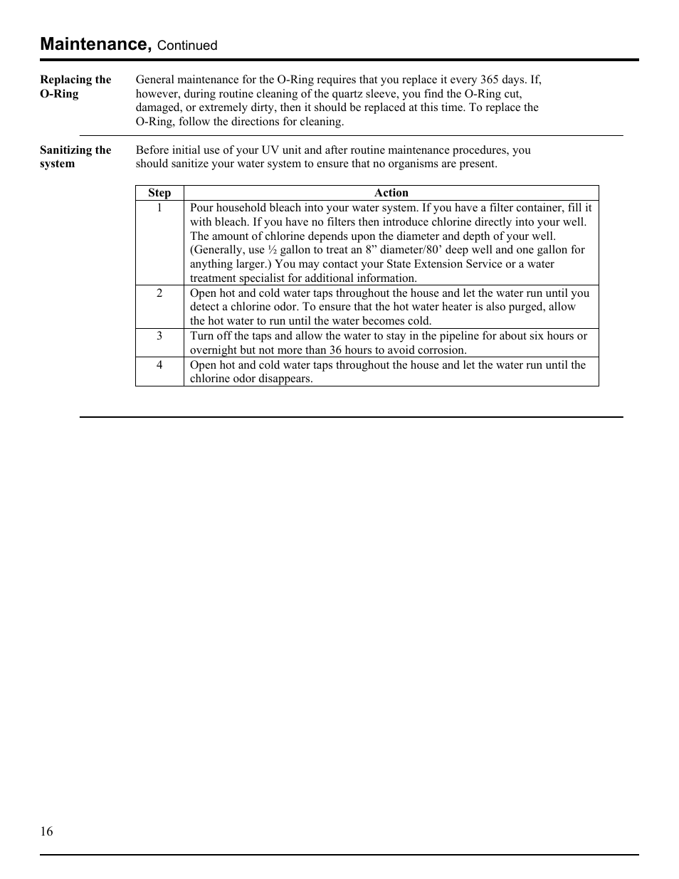 Maintenance, continued, Replacing the o-ring, Sanitizing the system | Maintenance log, Maintenance | Hydrotech DLR-AP Ultraviolet Water Disinfection Unit User Manual | Page 16 / 23