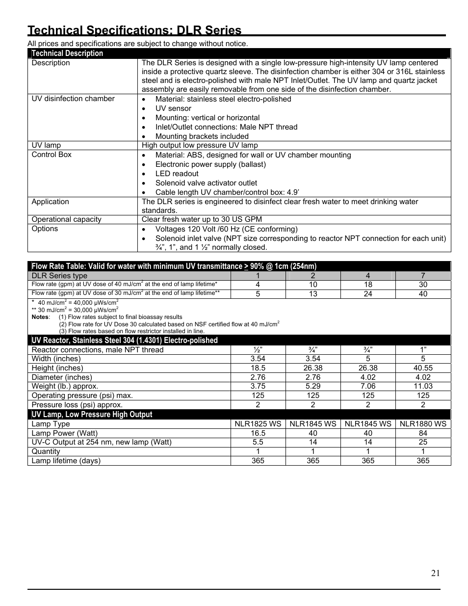Technical specifications: dlr series, Description, Uv lamp, low pressure high output | Technical specifications: dlr series -21 | Hydrotech DLR-AP Ultraviolet Water Disinfection Unit User Manual | Page 21 / 23