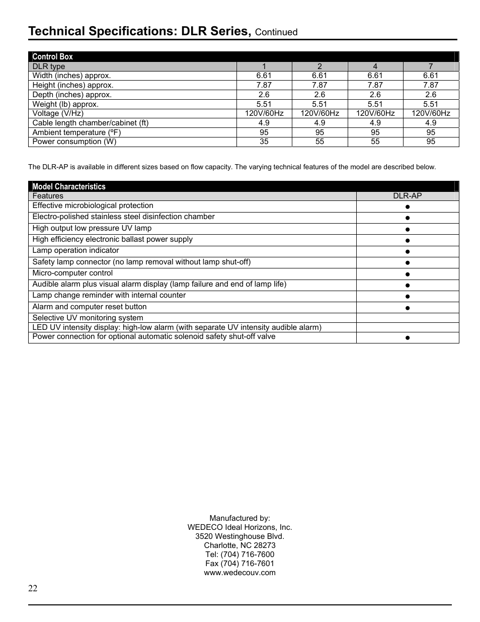 Technical specifications: dlr series, continued, Technical specifications: dlr series | Hydrotech DLR-AP Ultraviolet Water Disinfection Unit User Manual | Page 22 / 23