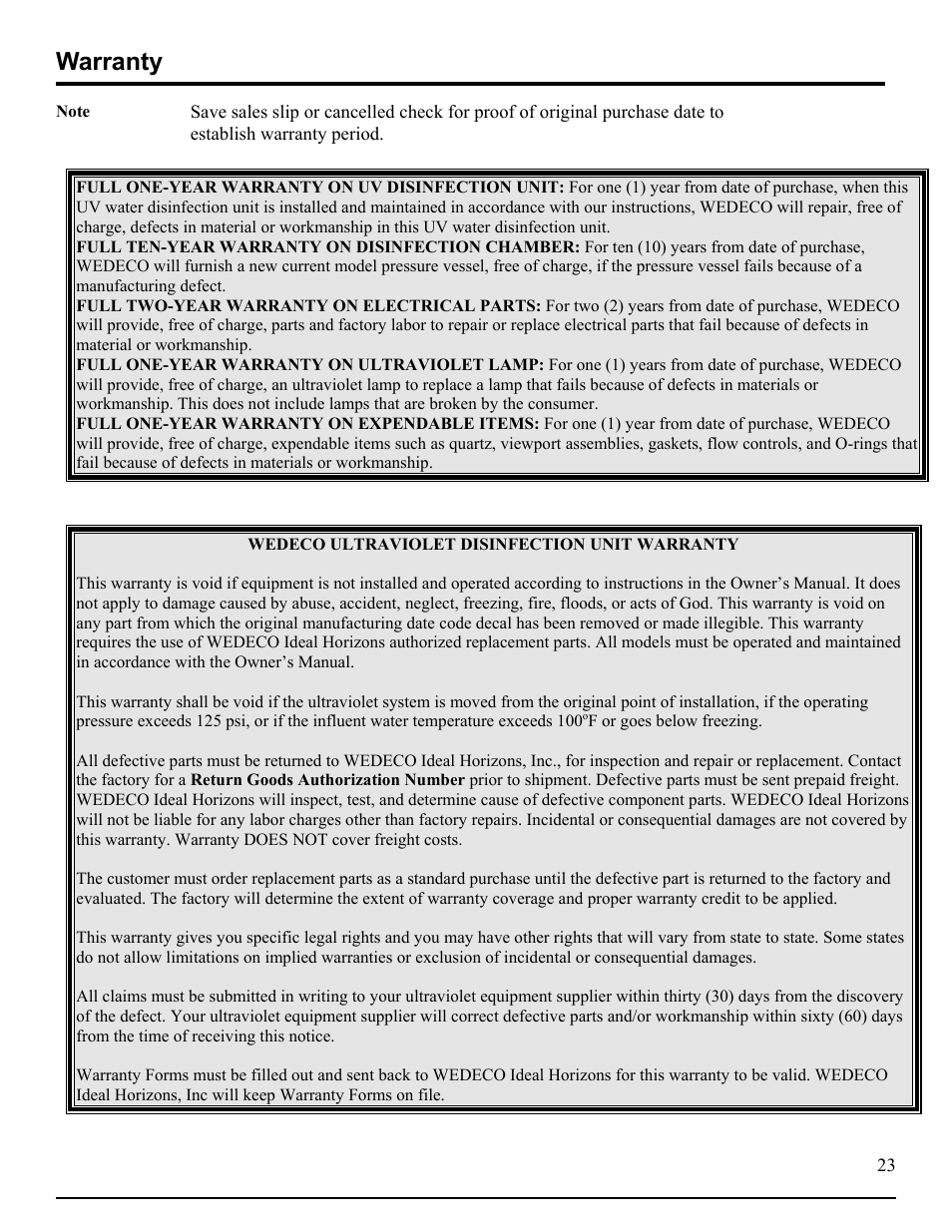 Warranty, Note | Hydrotech DLR-AP Ultraviolet Water Disinfection Unit User Manual | Page 23 / 23