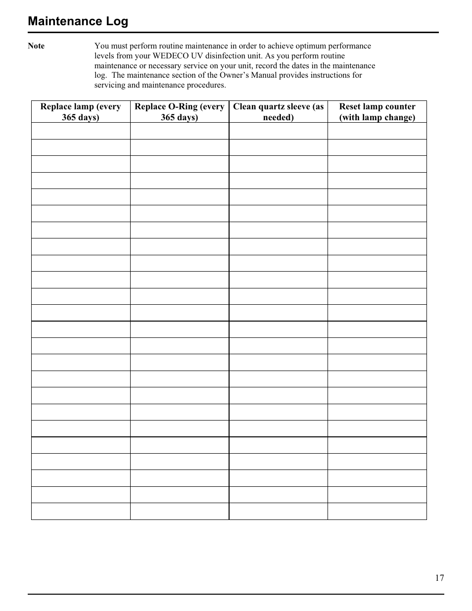 Maintenance log | Hydrotech DLR-A Ultraviolet Water Disinfection Unit User Manual | Page 18 / 24