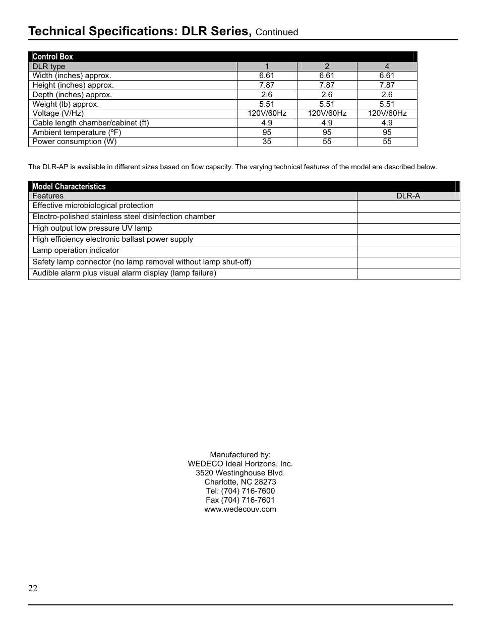 Technical specifications: dlr series | Hydrotech DLR-A Ultraviolet Water Disinfection Unit User Manual | Page 23 / 24