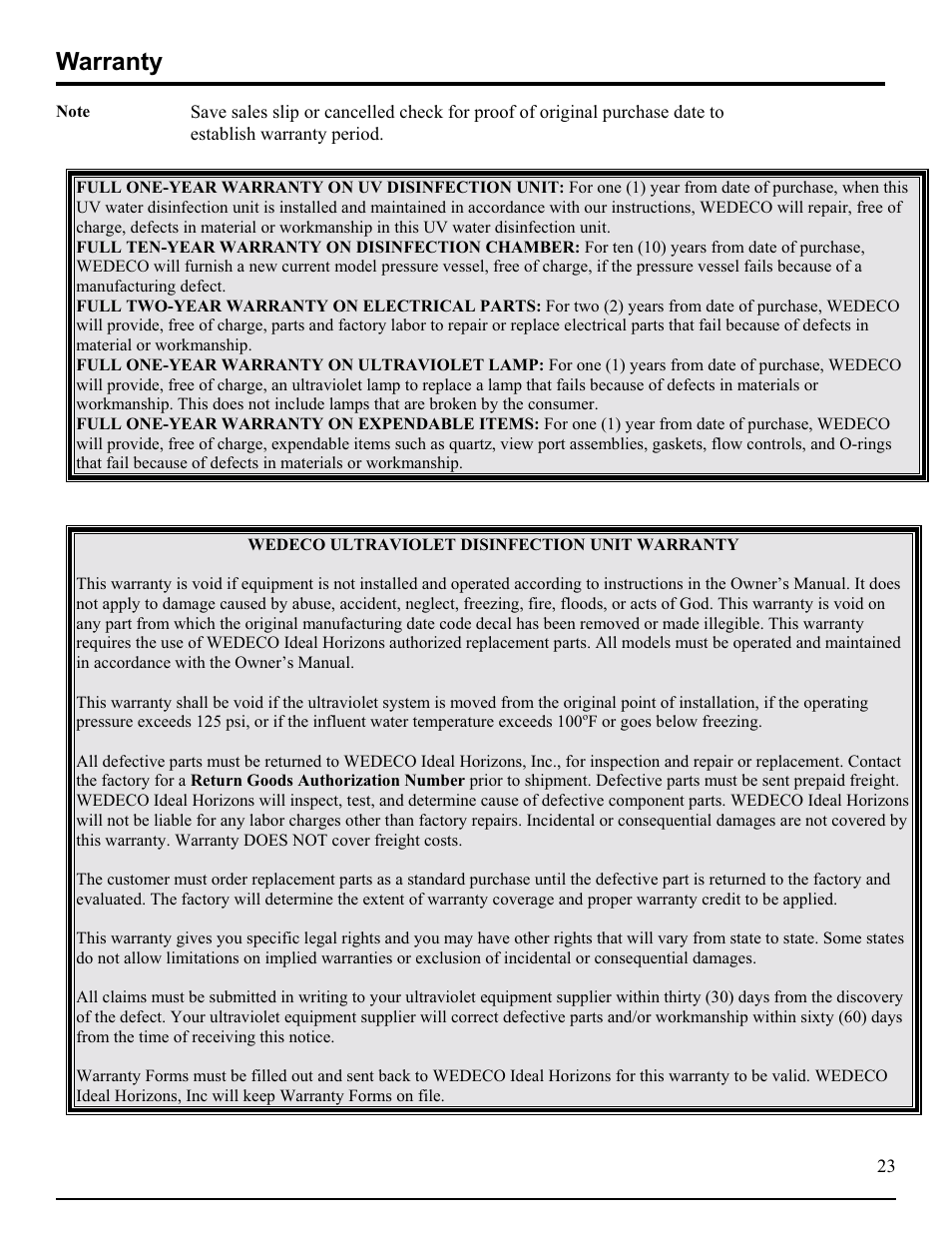 Warranty | Hydrotech DLR-A Ultraviolet Water Disinfection Unit User Manual | Page 24 / 24