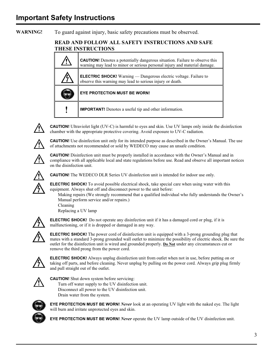 Important safety instructions | Hydrotech DLR-A Ultraviolet Water Disinfection Unit User Manual | Page 4 / 24