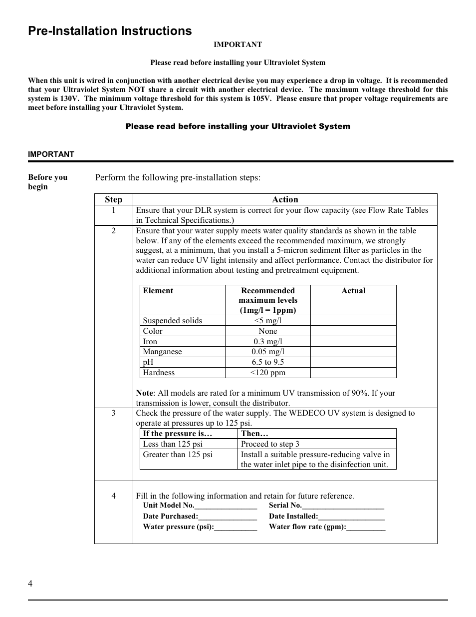 Pre-installation instructions | Hydrotech DLR-A Ultraviolet Water Disinfection Unit User Manual | Page 5 / 24