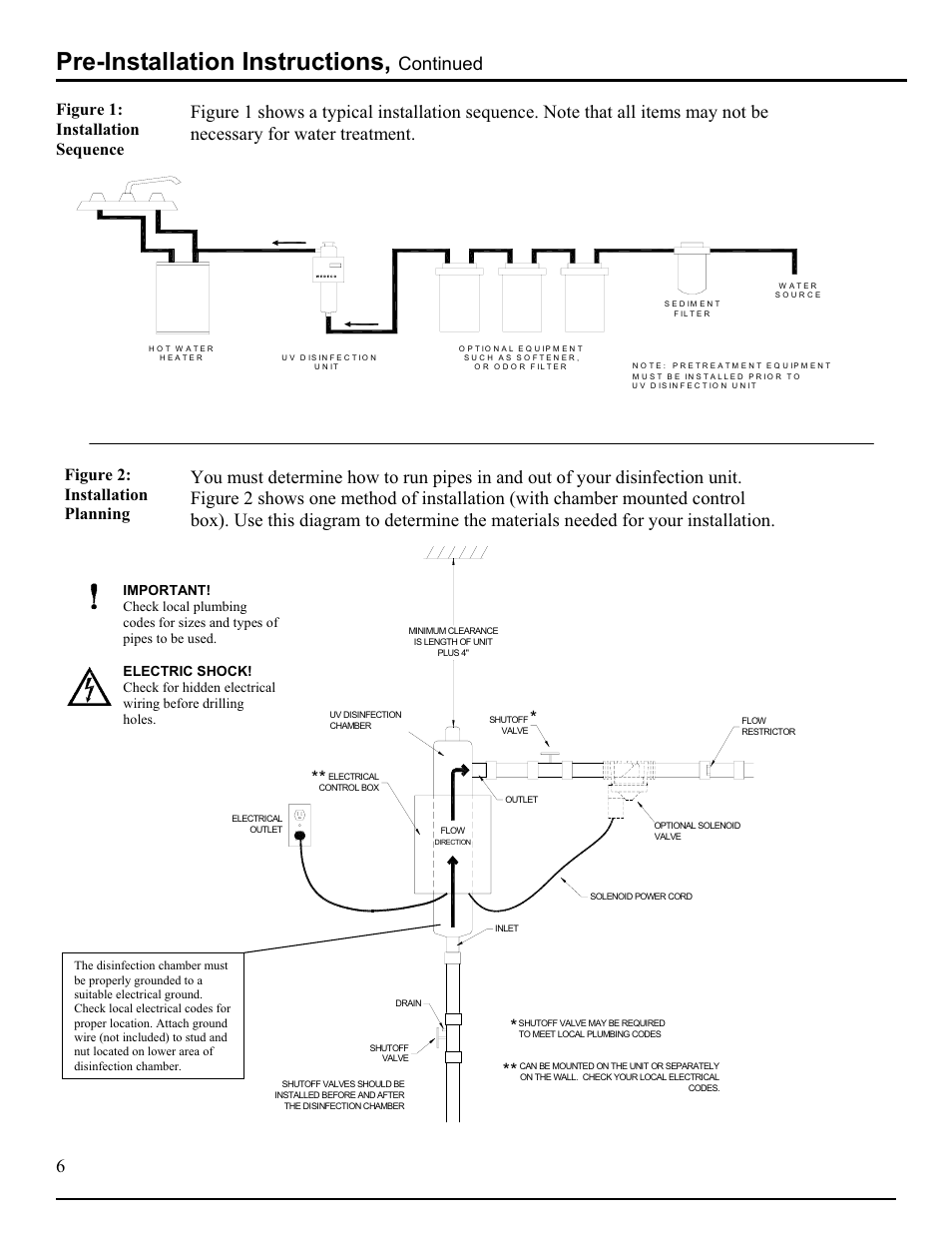Pre-installation instructions, Continued, Figure 1: installation sequence | Figure 2: installation planning | Hydrotech DLR-A Ultraviolet Water Disinfection Unit User Manual | Page 7 / 24