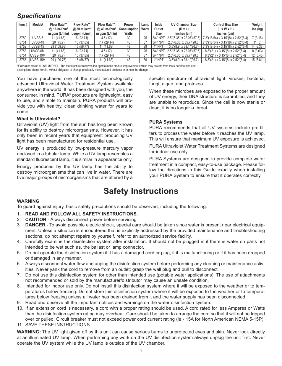 Safety instructions, Specifications | Hydrotech UVSS Series Ultraviolet Water Purification System User Manual | Page 2 / 14