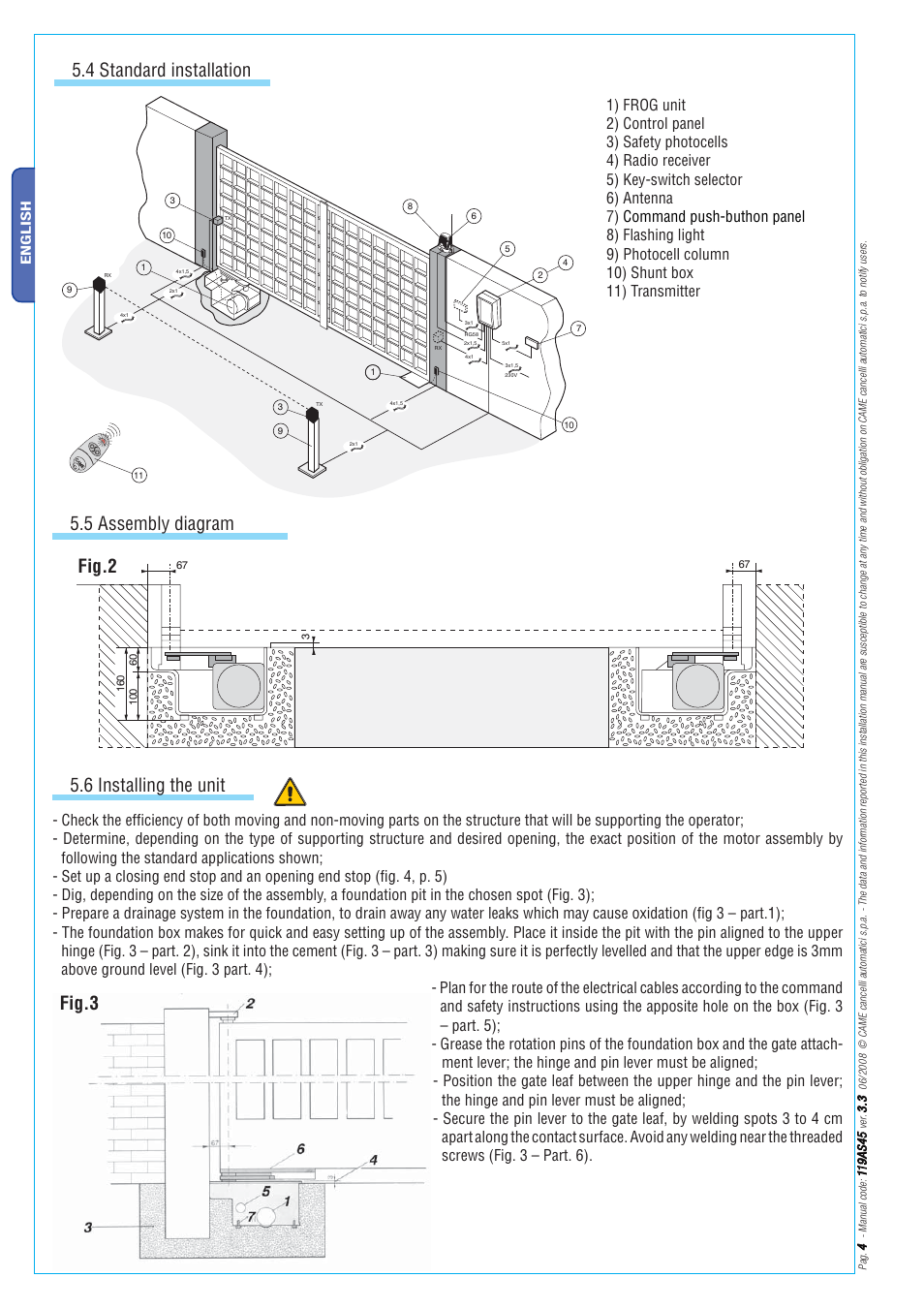 4 standard installation 5.5 assembly diagram fig.3, 6 installing the unit, Fig.2 | CAME Frog-AE User Manual | Page 4 / 10