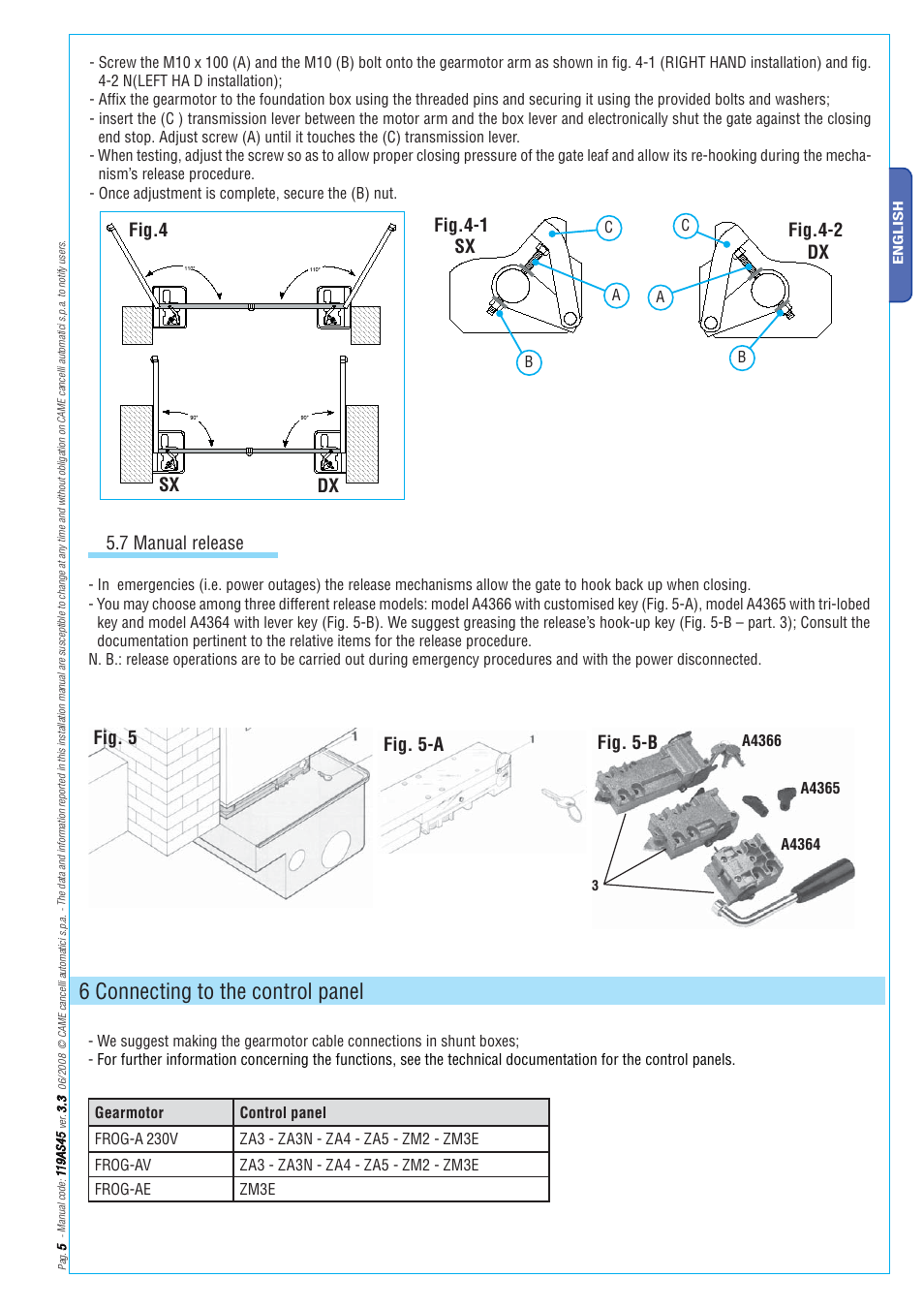 6 connecting to the control panel, Sx dx 5.7 manual release, Fig. 5 fig. 5-a fig. 5-b | CAME Frog-AE User Manual | Page 5 / 10