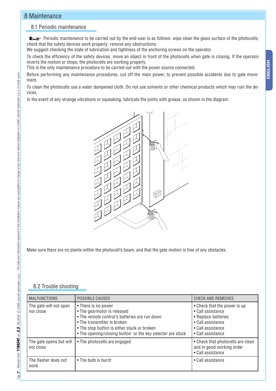 8 maintenance, 1 periodic maintenance, 2 trouble shooting | CAME Frog-AE User Manual | Page 7 / 10