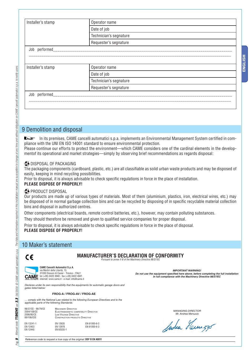 9 demolition and disposal, 10 maker’s statement, Manufacturer’s declaration of conformity | CAME Frog-AE User Manual | Page 9 / 10