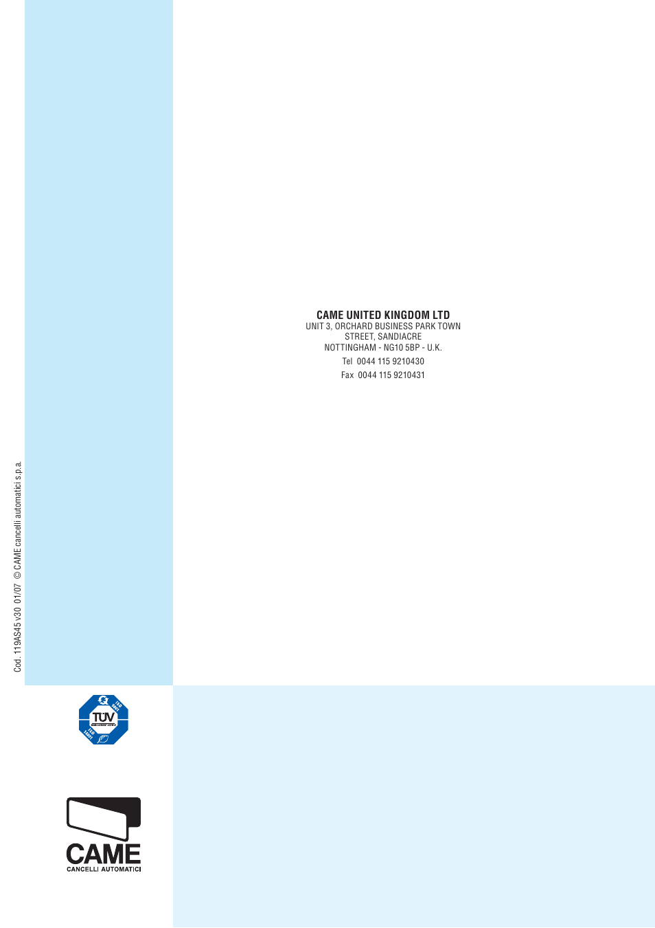 Came united kingdom ltd | CAME Frog-A 230v User Manual | Page 10 / 10