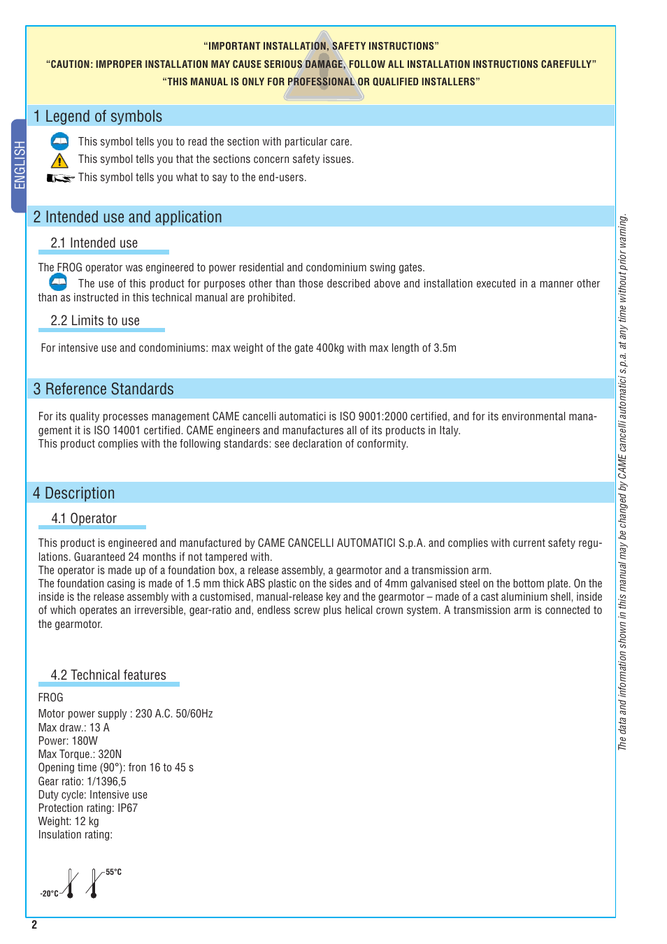 4 description, 1 legend of symbols, 2 intended use and application | 3 reference standards, English 4.1 operator, 1 intended use, 2 limits to use, 2 technical features | CAME Frog-A 230v User Manual | Page 2 / 10