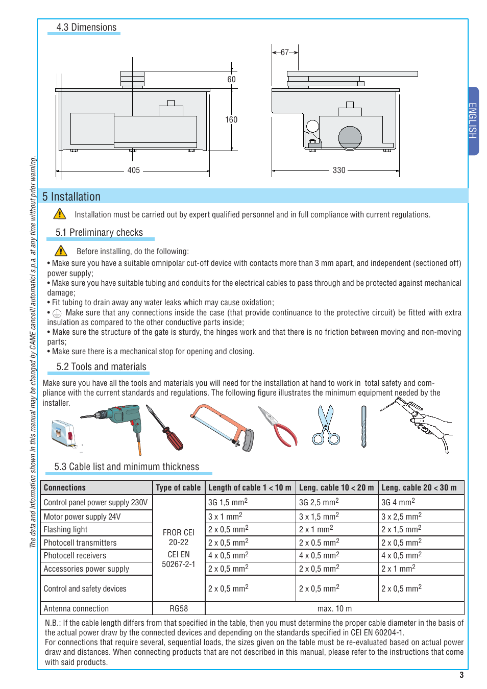5 installation, English, 3 dimensions | 2 tools and materials, 1 preliminary checks, 3 cable list and minimum thickness | CAME Frog-A 230v User Manual | Page 3 / 10