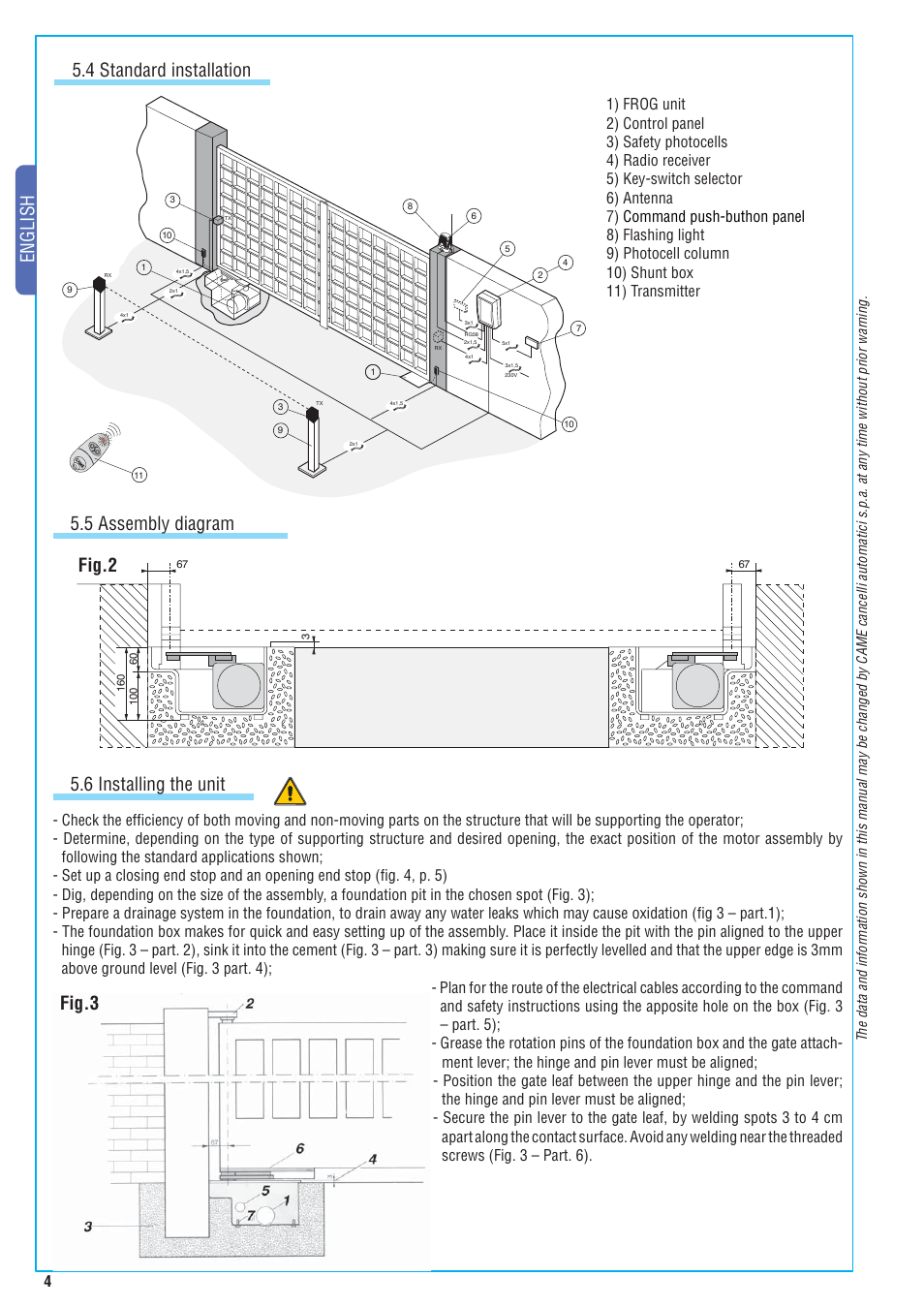 English, 4 standard installation 5.5 assembly diagram fig.3, 6 installing the unit | Fig.2 | CAME Frog-A 230v User Manual | Page 4 / 10