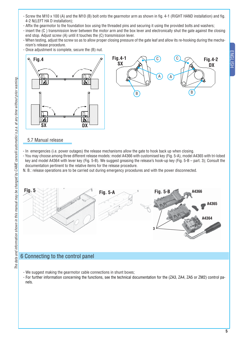 6 connecting to the control panel, English, Sx dx 5.7 manual release | Fig. 5 fig. 5-a fig. 5-b | CAME Frog-A 230v User Manual | Page 5 / 10